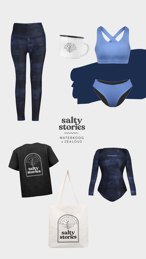 Salty Stories Kollektion von Waterkoog und Zealous mit Leggings, Surf-Badeanzug, T-Shirt, Jute-Beutel, Tasse und Bikini